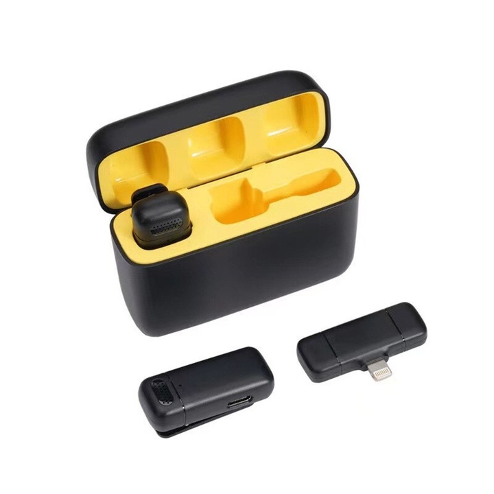 Set 2 Lavaliera wireless Receiver conector iPhone Lightning Noise Reduction 70mAh + 600mAh carcasa Plug and Play range 20m negru