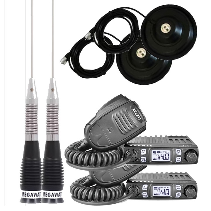 Set 2 Kituri Statie Radio CB, Avanti Micro PRO, Autosquelch reglabil cu Antena Megawat ML100, Baza Magnetica 145 PL