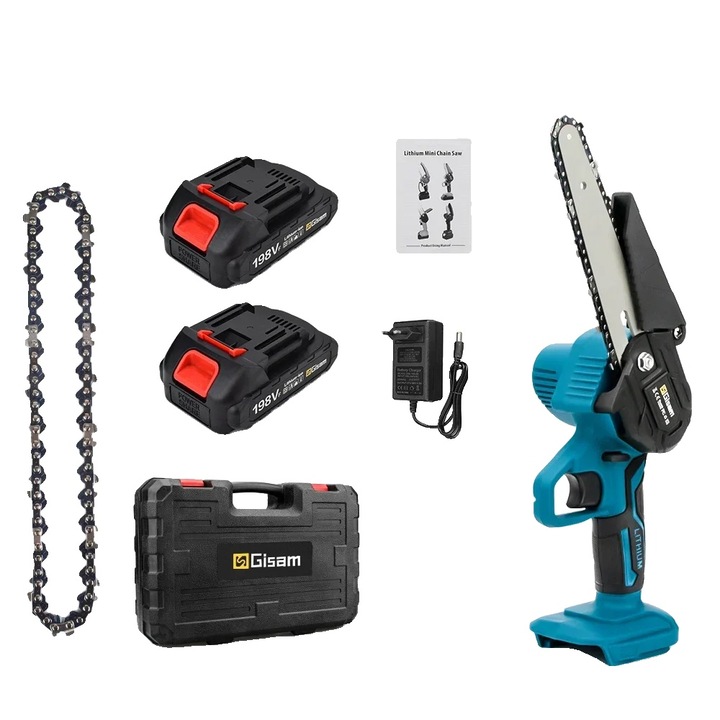 Elektromos láncfűrész, Gisam, 6 hüvelykes, 2 akkumulátor, ergonomikus kivitel, műanyag doboz, kék