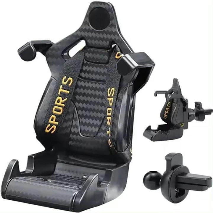 Univerzális autós tartó mobiltelefonokhoz, ZakupyTV, versenyszék dizájn, 360°-ban állítható, fekete, 11,5x7,5x9cm