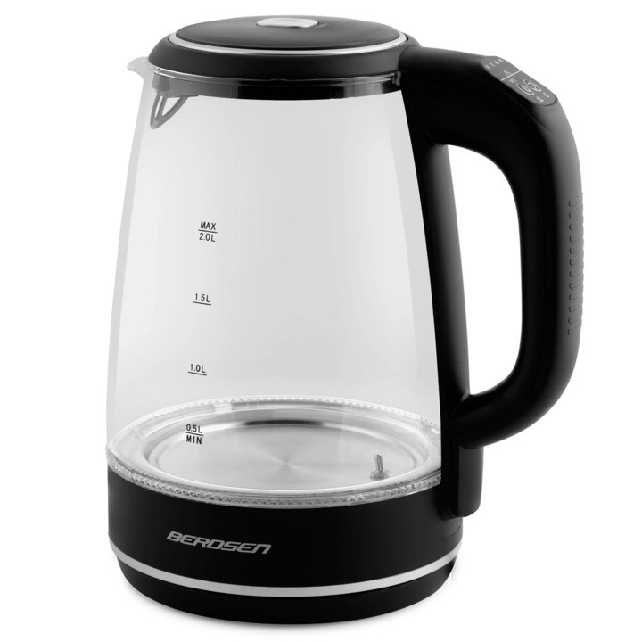 Fierbator electric din sticla, comutator iluminat, baza rotativa la 360°, functia de mentinere a temperaturii, capacitate 2L, 1850-2200 W, 25 cm inaltimea, negru