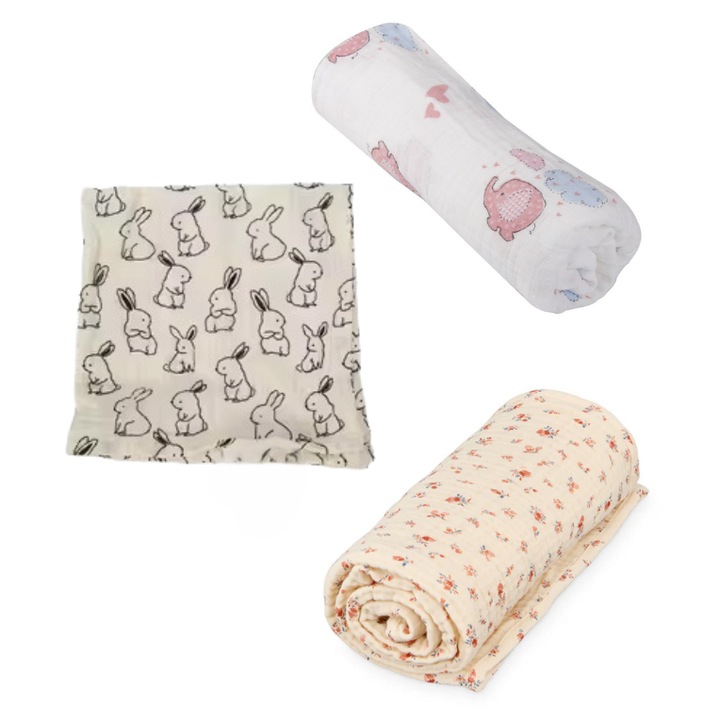 3 db pelenkázó készlet babáknak, muszlin, pamut, 119 x 119, tarka
