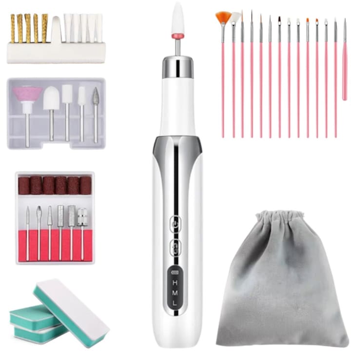 TEOES + безжичен електрически тример, за маникюр и педикюр, акумулаторна батерия, транспортна чанта, четки за нокти, гъба за полиране, четка за почистване и 12x глави включени