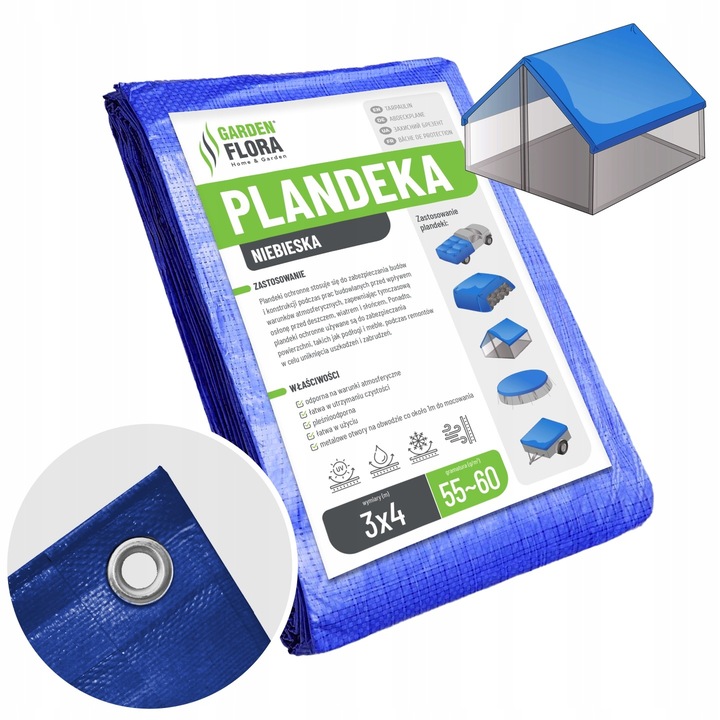 Prelata impermeabila cu inele, protectie UV, 3x4m, densitate 60g/m², culoare albastru