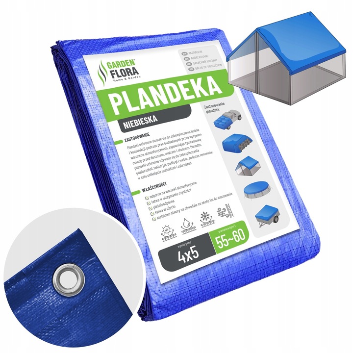 Prelata impermeabila cu inele, protectie UV, 4x5m, densitate 60g/m², culoare albastru