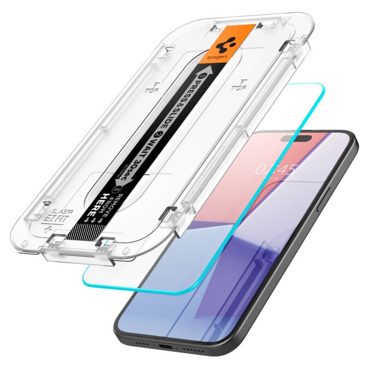 Apple iPhone 15-tel kompatibilis védőfólia, üveg, tR EZ-FIT, 2db-os készlet, rögzítőkészlet mellékelve, rögzített üveg, átlátszó