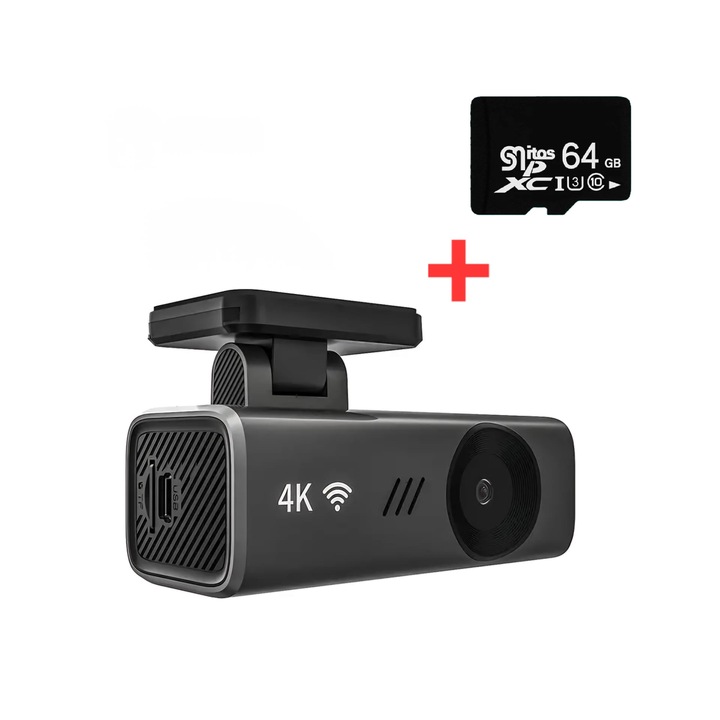 Камера за кола 4k, Dash Cam, Ultra HD 3840x2160, IPS, Цикличен запис, Ъгъл на заснемане 145°, G-сензор, Нощно виждане, Гласови инструкции, Детекция на движение, Карта с памет 64 Gb включена, Черен