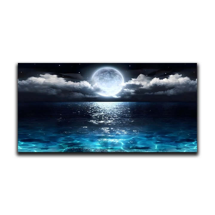 Първокласна картина на платно, LuxCanva® C1254, Полунощ над морето, 60 X 120 CM, 100% памучно платно 400g/m2, Дървена рамка, Релаксация, Стая за игри, Детска стая Живи цветове