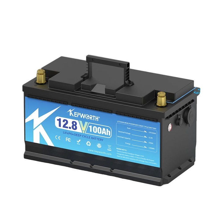 LiFePO4 батерия, KEPWORTH, 12V, 100Ah, вградена BMS, 352 мм, черна