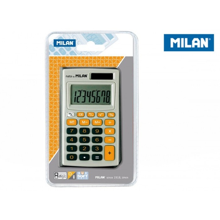Calculator de birou, Milan, plastic, 8 pozitii, 3 clape de memorie, 97x165x20cm, gri/portocaliu