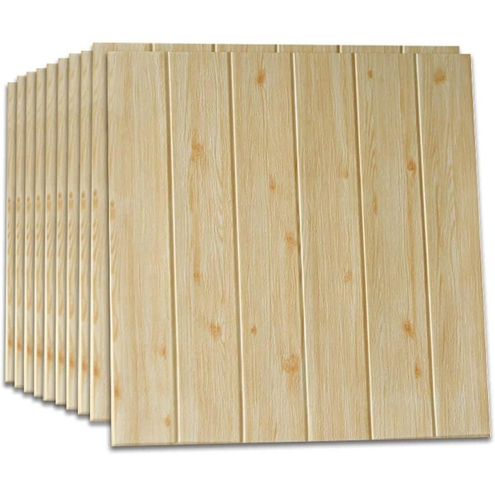 10 db 3D öntapadós tapétalap készlet, gyantából, lambériát imitáló, vízálló, 70 cm x 70 cm, Fedett terület 4,9 nm, Világos fa színű