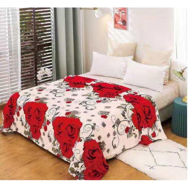 Patura de pat dublu, imprimeu trandafiri, 200x230cm, multicolor