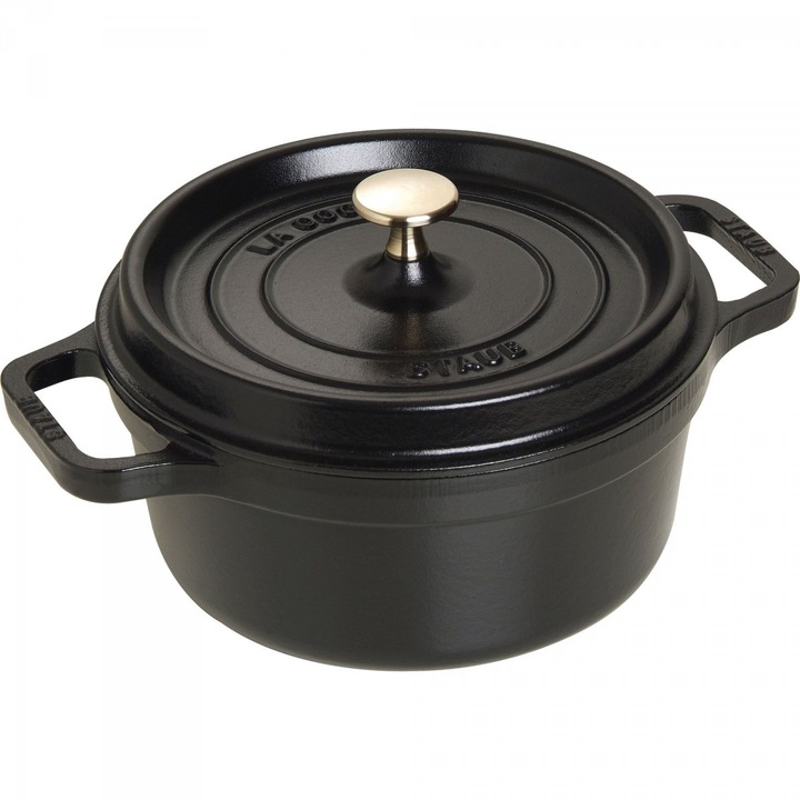 Готварска тенджера Staub с капак, кръгла, 2,6 л, чугунена, черна, 22x15 см