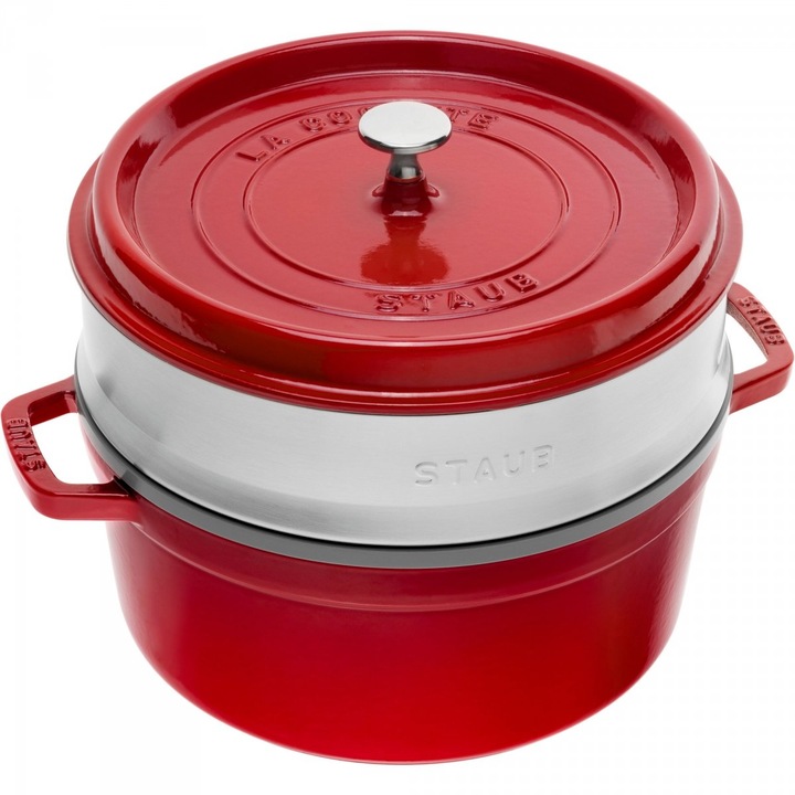 Тенджера, Staub, чугун, кръгла, цедка, 3,8 л, 24 см, червена