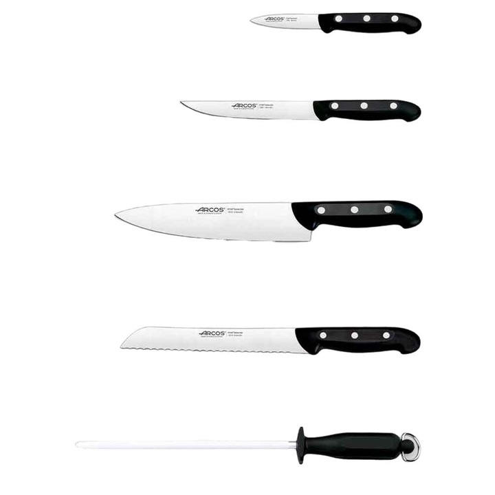 Set 4 cutite cu ascutitor, Arcos, Inox, Maner polipropilena, 8-21.5 cm, Negru/Argintiu