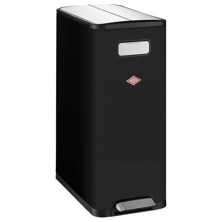 Cos de gunoi Wesco Big Double, 2x20L, inox, 66cm x 24cm, negru, cu mecanism pedalier