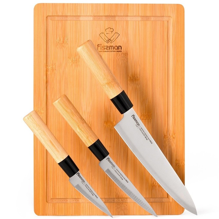 Set de cutite cu tocator Fissman, 4 piese, otel inoxidabil 420J2, maner din bambus, dimensiune 41x26,5x4 cm