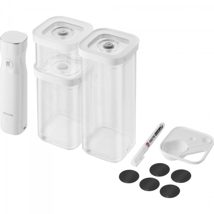 Комплект за организиране на храната Fresh & Save Cube, Zwilling, 3 контейнера, вакуумна помпа, NFC тагове, прозрачен, пластмаса