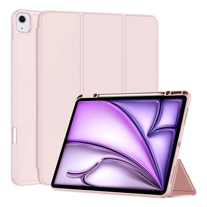 Защитен капак flip cover за таблет съвместим с Apple iPad Air 13 2024, Flex Trifold, със стойка, слот за писалка, TPU, светло розов