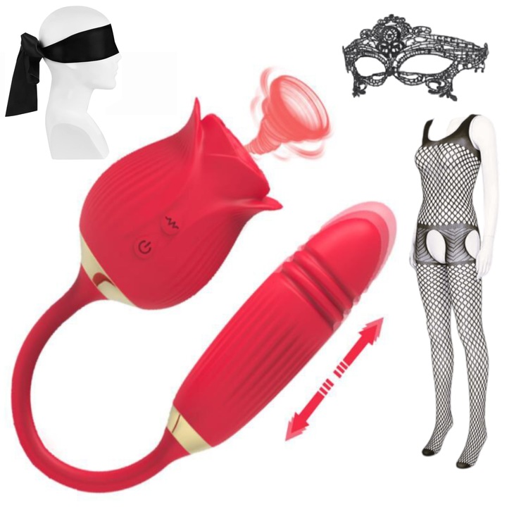 Dupla vibrátor szívó- és tolómozgással, GABOS, virág alakú, csikló, ánusz és G-pont stimulálására, hordozható, 10 féle vibráció, vízálló, csipkés maszk, szatén szalagos szemfedő, rugalmas hálós fehérneművel együtt