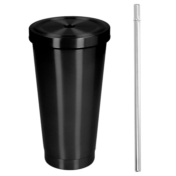Rozsdamentes acél pohár, Jormftte, szívószálas fedéllel, 500ml, hordozható, fekete