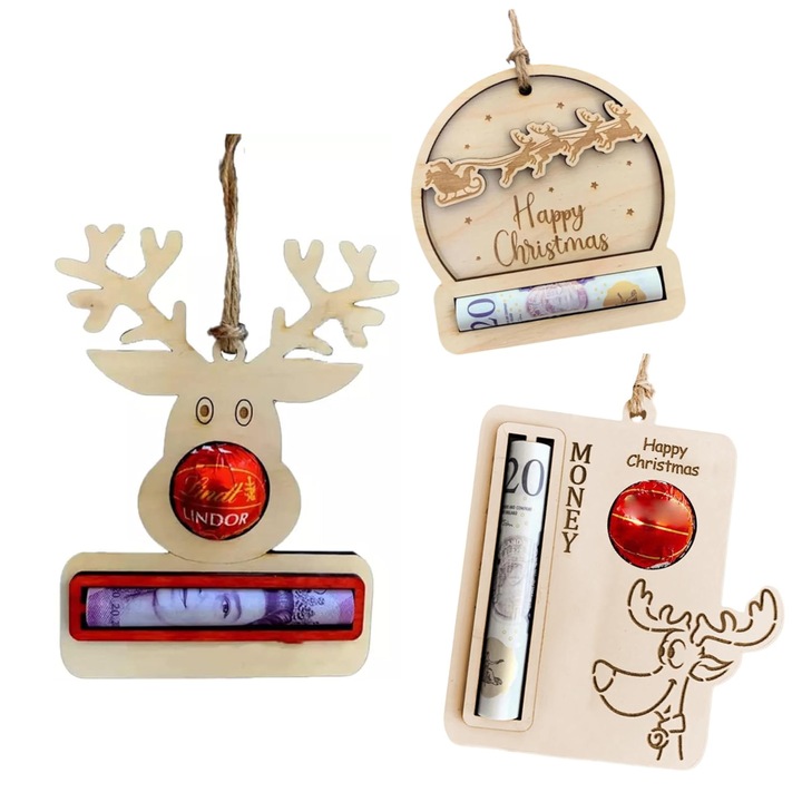 Коледна щипка за пари, коледна украса, дърво, 3 бр, 9-13 см