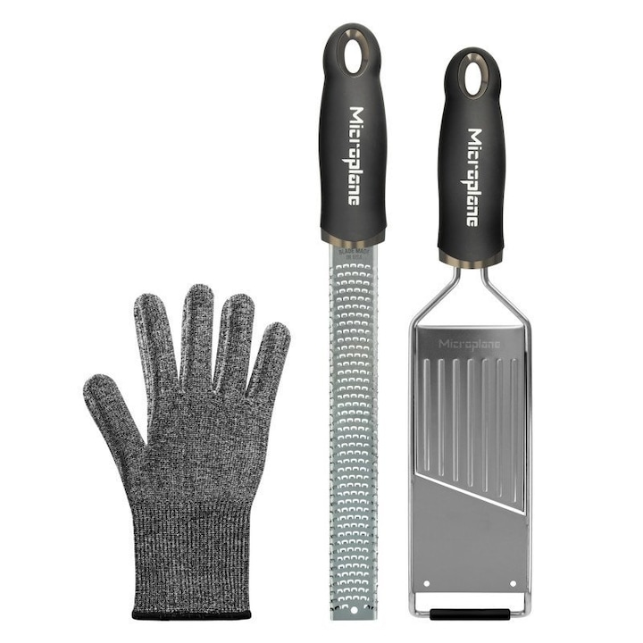 Set de ustensile de bucatarie Gourmet Microplane, razatoare Zester, mandolina, manusa de protectie, negru, dimensiuni 32,5x3,5x3cm, 31,5x7,5x3cm