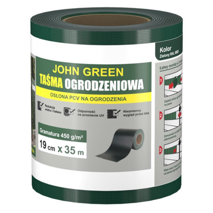 JohnGreen UV álló belátásgátló kerítésszalag, 35 m x 19 cm, zöld, 450g/m2