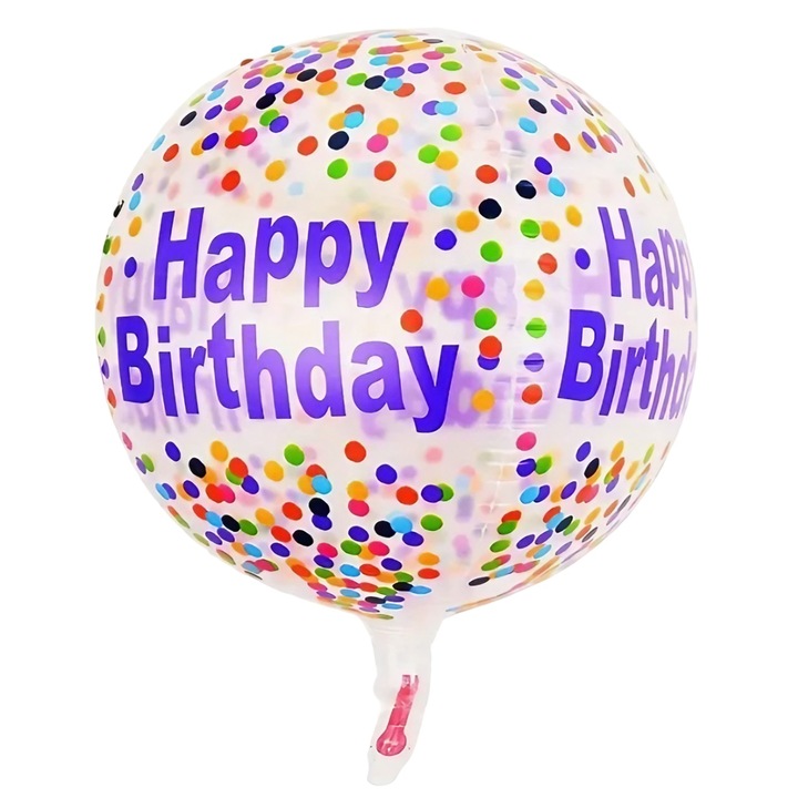 Balon din Folie Metalizata, Danex, Figurine 4D, Model Happy Birthday, Tematica Aniversara Bombonele, 63x24 cm, Ambalaj Individual, Pai Inclus, Umflare cu Aer sau Heliu, Mov-Multicolor