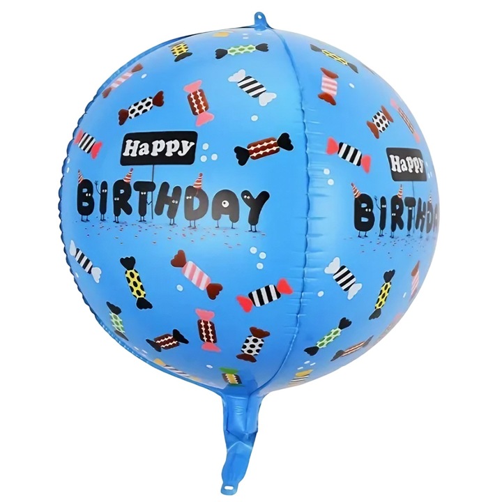 Balon din Folie Metalizata, Danex, Figurine 4D, Model Happy Birthday, Tematica Aniversara Bombonele, 63x24 cm, Ambalaj Individual, Pai Inclus, Umflare cu Aer sau Heliu, Albastru