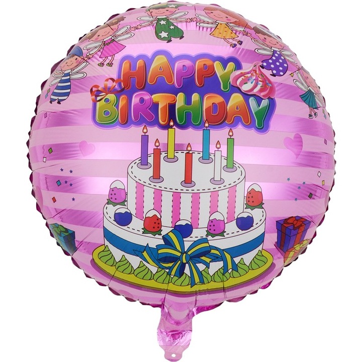 Balon din Folie Metalizata, Danex, Figurine, Model 1, Happy Birthday, Tematica Aniversare, 45 cm, Ambalaj Individual, Pai Inclus, Umflare cu Aer sau Heliu, Multicolor