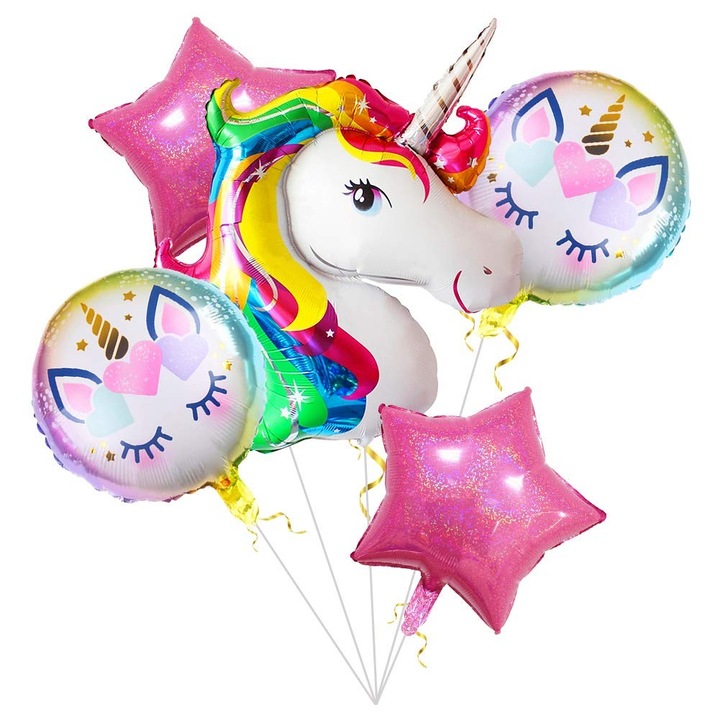 Produs premium - Balon din Folie Metalizata, Southern Sky, Mini Figurina Rotunda, Model Unicorn, Happy Birthday, Tematica Aniversare, 45 cm, Ambalaj Individual, Pai Inclus, Umflare cu Aer sau Heliu, Multicolor