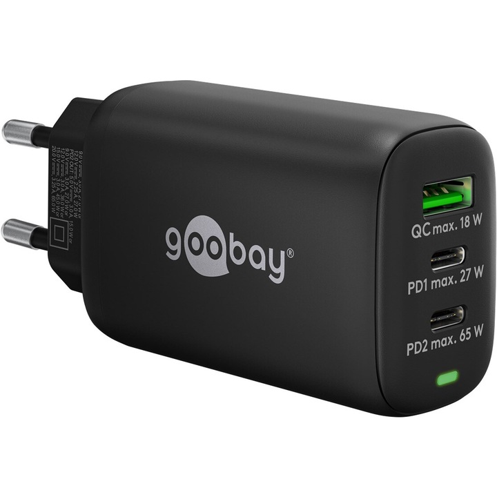 Goobay 65407 PD GaN USB-A / 2x USB-C Hálózati töltő – Fekete (65W)