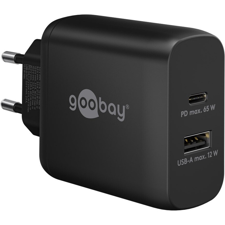 Goobay 65409 1x USB Type-C / 1x USB Type-A Hálózati töltő – Fekete (65W)