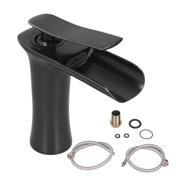 Baterie sanitara, Mmgoqqt, neagra, din cupru, design tip cascada, 16.5cm