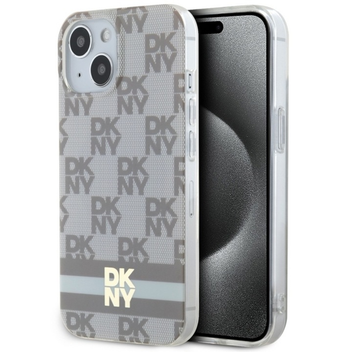 Telefontok, iPhone 14/15 DKNY IML kockás, egyszínű és nyomtatott csíkos, bézs, MagSafe