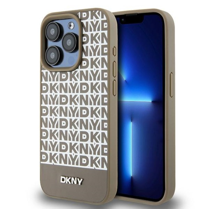 DKNY bőr mintás, fém logós MagSafe telefontok, barna, iPhone 15 Pro Max 6.7"-hez