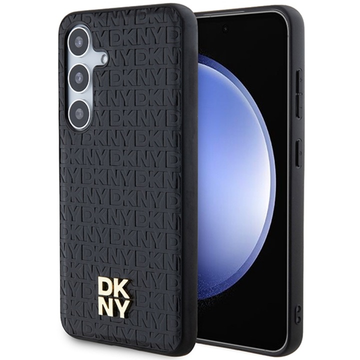 Husa telefon Samsung Galaxy S24, DKNY, Leather Monogram Pattern, metal logo, neagra, hardcase