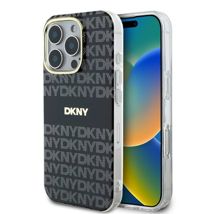 iPhone 16 Pro tok – DKNY kemény tok, ismétlődő textúraminta csíkkal – fekete