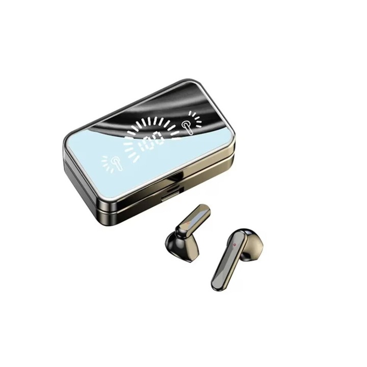 Bluetooth vezeték nélküli fejhallgató, Touch vezérlés, Bluetooth 5.3, vezeték nélküli, fülbe helyezhető, Zajszűrés, Mágneses ház tükörrel, LED kijelző, Autonómia 10 óra, Ezüst