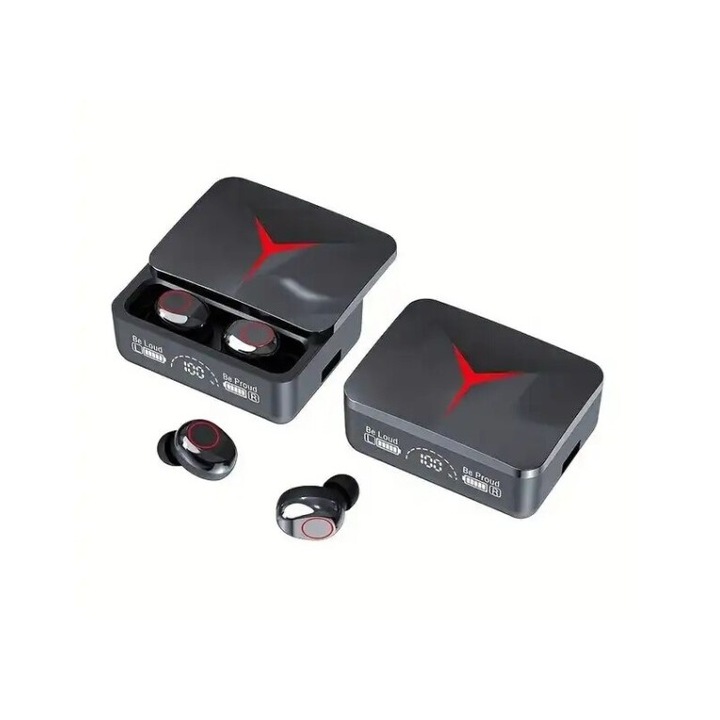 Casti wireless earbuds gaming, Bluetooth 5.3, Fara fir, Display, Control touch, Indicator led, Eliminare zgomot, Universale, Negru metalizat cu rosu