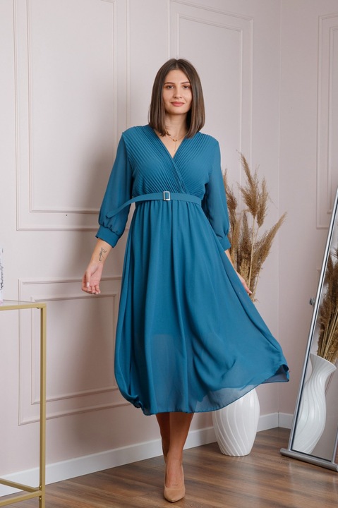 Rochie cu curea in talie, Turcoaz, One Size