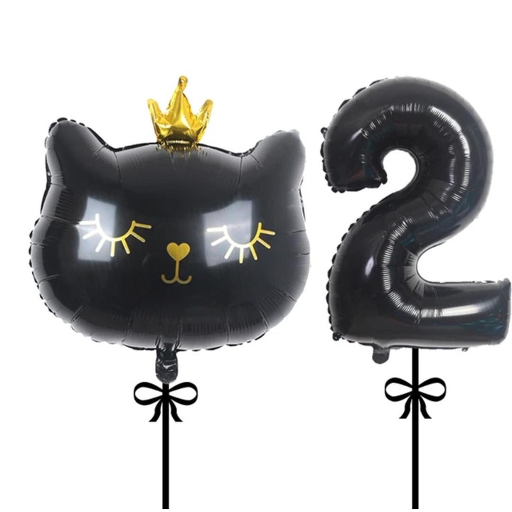 Set 2 baloane folie, It’s Party Time, cap pisicuta negru, balon folie cifra 2, negru 1M