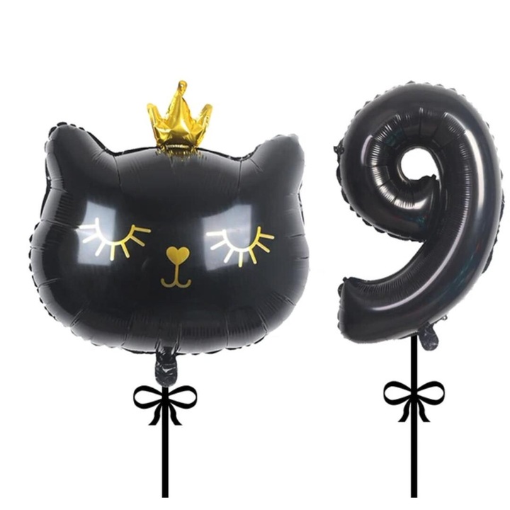 Set 2 baloane folie, It’s Party Time, cap pisicuta negru, balon folie cifra 9, negru 1M