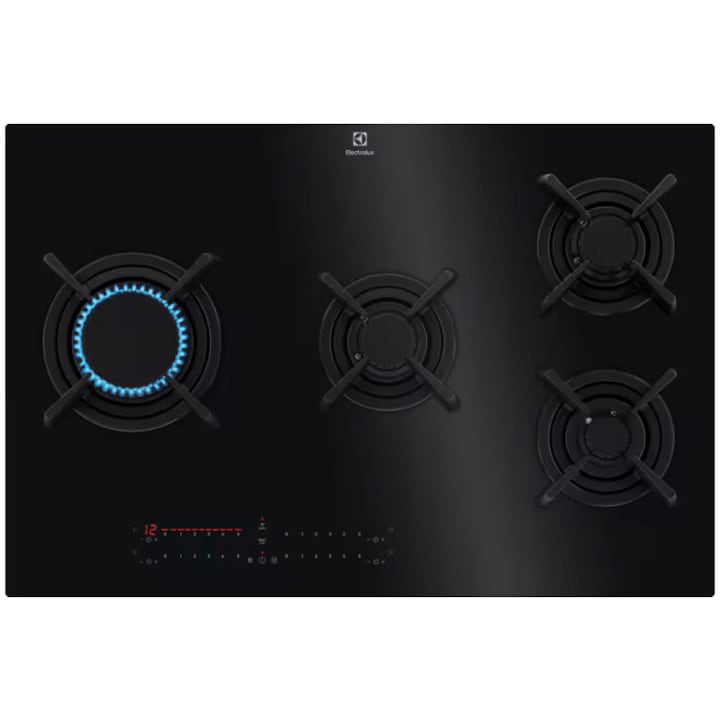 Плот за вграждане Electrolux KGV8473IK, Газ, 4 котлона, Вградено ел. запалване, Уок, Електронен таймер, Предпазител, Чугунена скара, 78 см, Черен