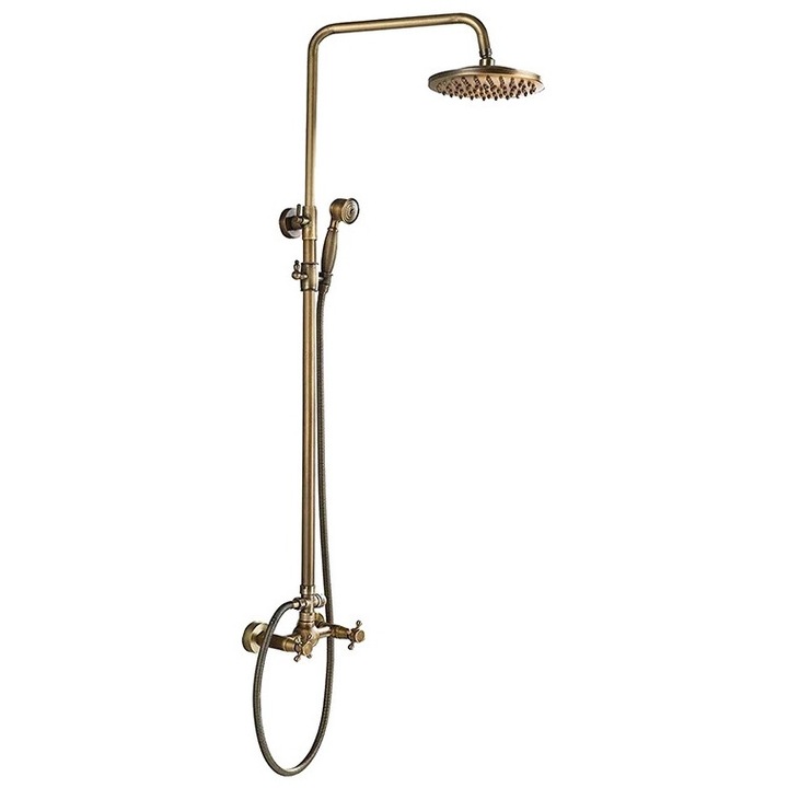 Robinet de dus cu design antic, cap de dus de 200mm, Alama, doua manere, finisaj bronz antic, inaltime ajustabila 80-120cm