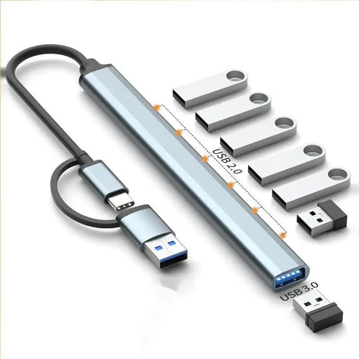 Hub USB 3.0, LiTech®, USB tip C Cu 7 Porturi, Adaptor Expansiune Multiport, USB 3.0 Din Aliaj De Aluminiu De 5 Gbps Pentru Laptop si PC Win XP, Vista, Win7/8/8.1/10, OS X si Compatibila Cu USB 2.0 si USB 1.1