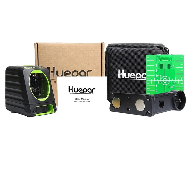 Лазерен нивелир, Huepar, висока точност +/-2mm/10m, широко покритие H130/V150, зелен, 9.5x5.8x8.5cm