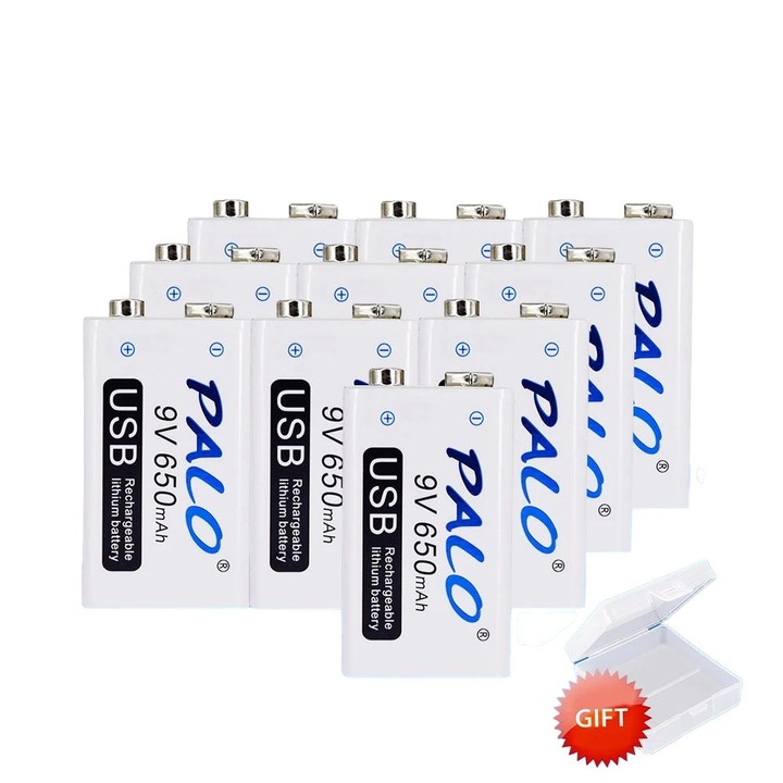 10 db újratölthető lítium akkumulátor készlet 9V, PALO, 650mAh, USB töltés, 49x26mm