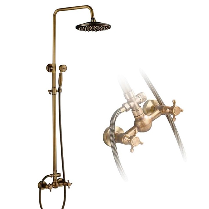 Set de dus cu robinet si dus manual, finisaj antiquebrass, control temperatura cu 2 manete, cap de dus tip ploaie